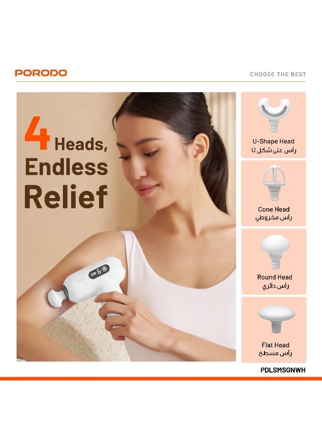 porodo 15W Mini Massage Gun with 4 Head / 4 Hour Working Time / Digital Touch Display / 6 Adjustable Speed / Type-C Charging / Portable & Lightweight - White - Image 3